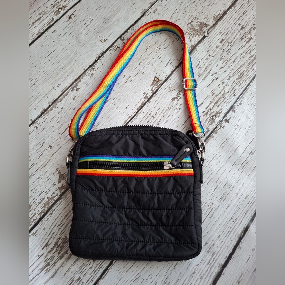 SONDRA ROBERTS Squared Stylish Black Quilted Bag with Rainbow Strap